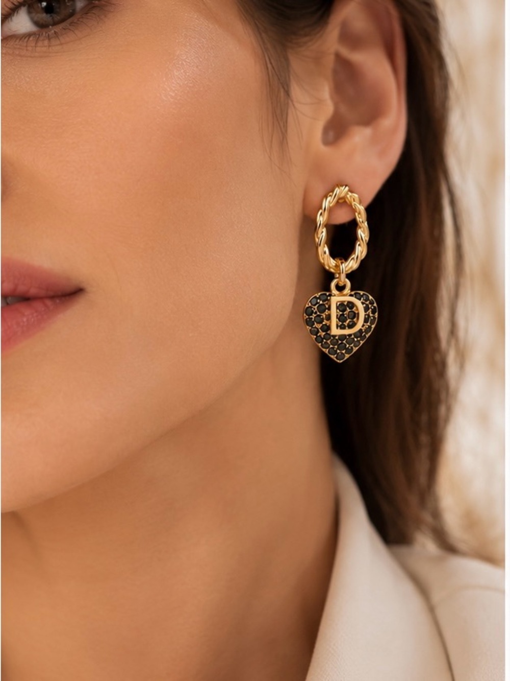 Gold Heart Dangle Earrings with Black Crystals - D Initial